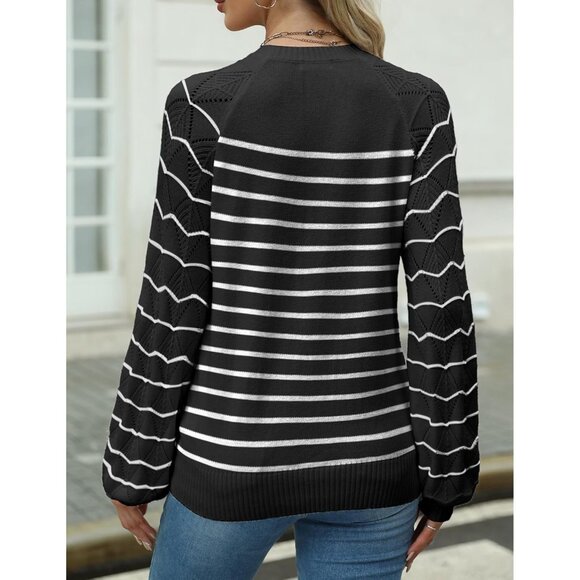 Zeagoo Womens Stripe Black Crew Neck Eyelet Long Sleeves Kint Pullover Sweaters - Picture 4 of 5